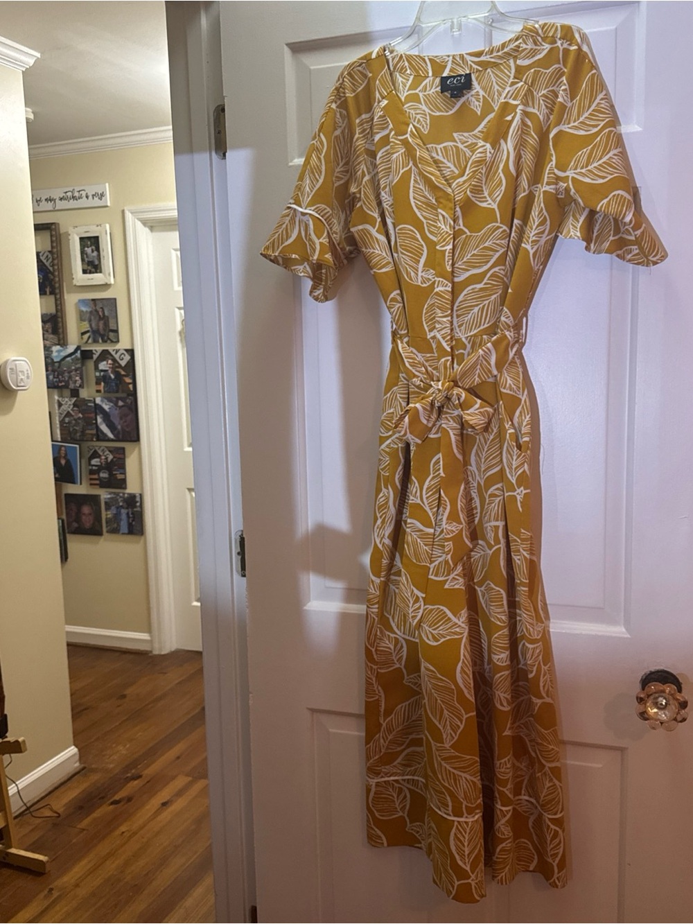 ECI Yellow Leaf-Print Wrap Maxi Dress